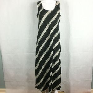 Finity Naturals Dress Womens Sz L Black Gray Striped 100% Linen Sleeveless‎ Maxi